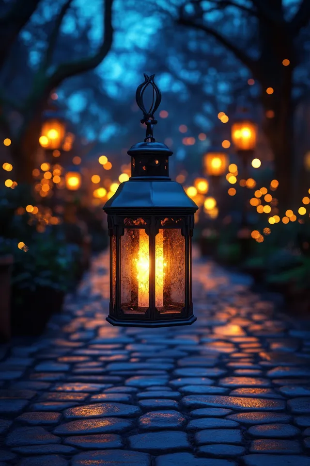 Warm lanterns glow along a cobblestone path at night with softly blurred lights in the background.
