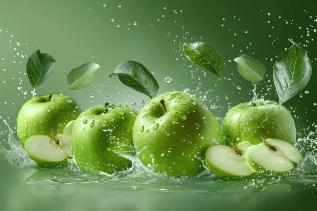 Green whole apple and sliced pieces with water splash and flying droplets on a vivid green background.