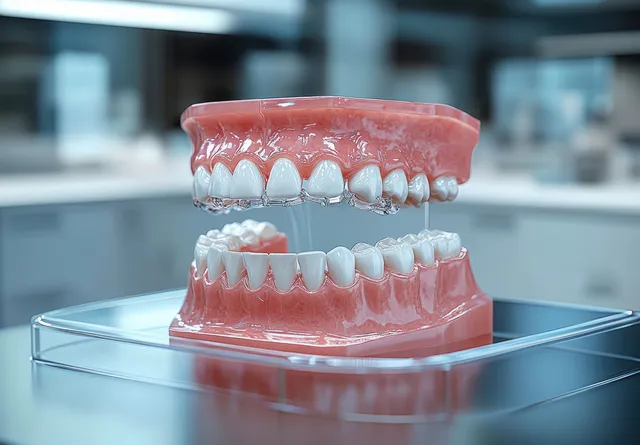 Transparent dental aligner and teeth model displayed in a glass case in a softly blurred clinic setting.