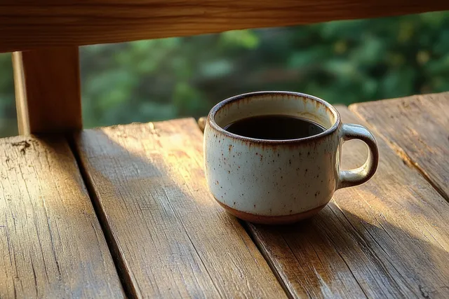 Rustic ceramic coffee cup on sunlit wooden table by window with blurred green garden