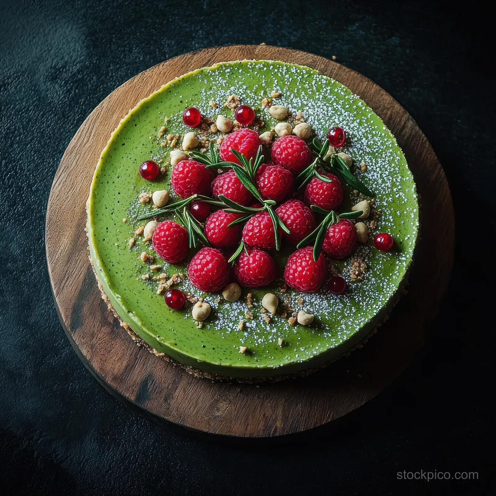 Green berry dessert cake topped with raspberries, red currants, nuts, rosemary, and powdered sugar on a wooden board.