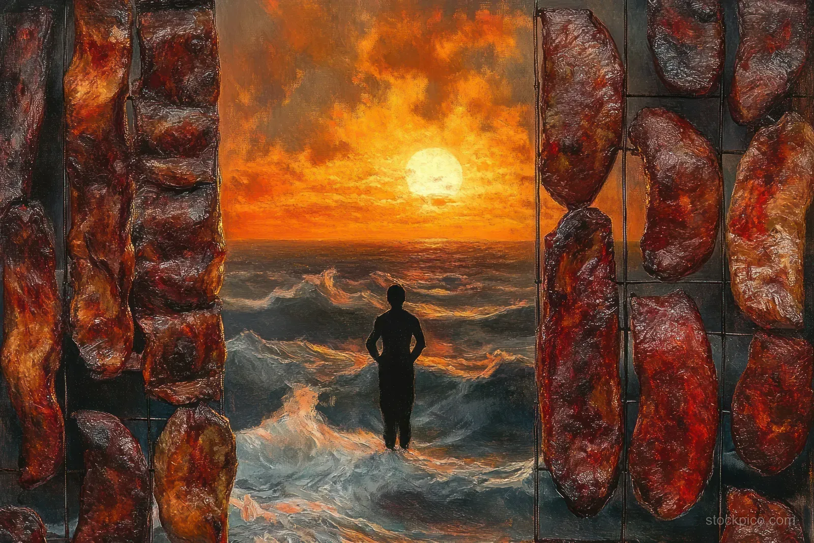A dark silhouette stands in turbulent ocean waves at sunset, framed by grilled meat slabs on both sides.