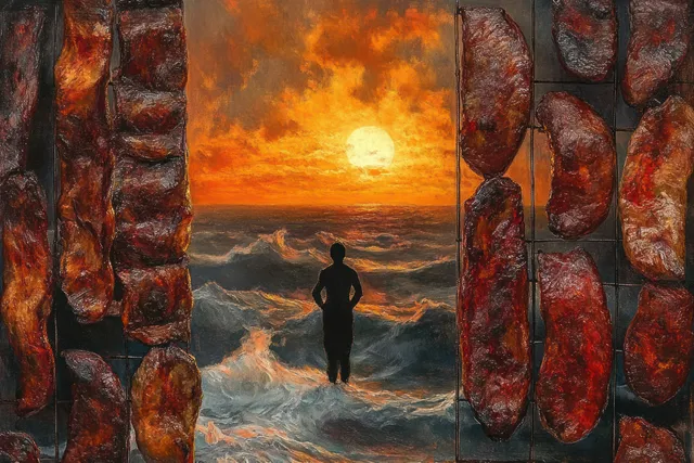 A dark silhouette stands in turbulent ocean waves at sunset, framed by grilled meat slabs on both sides.