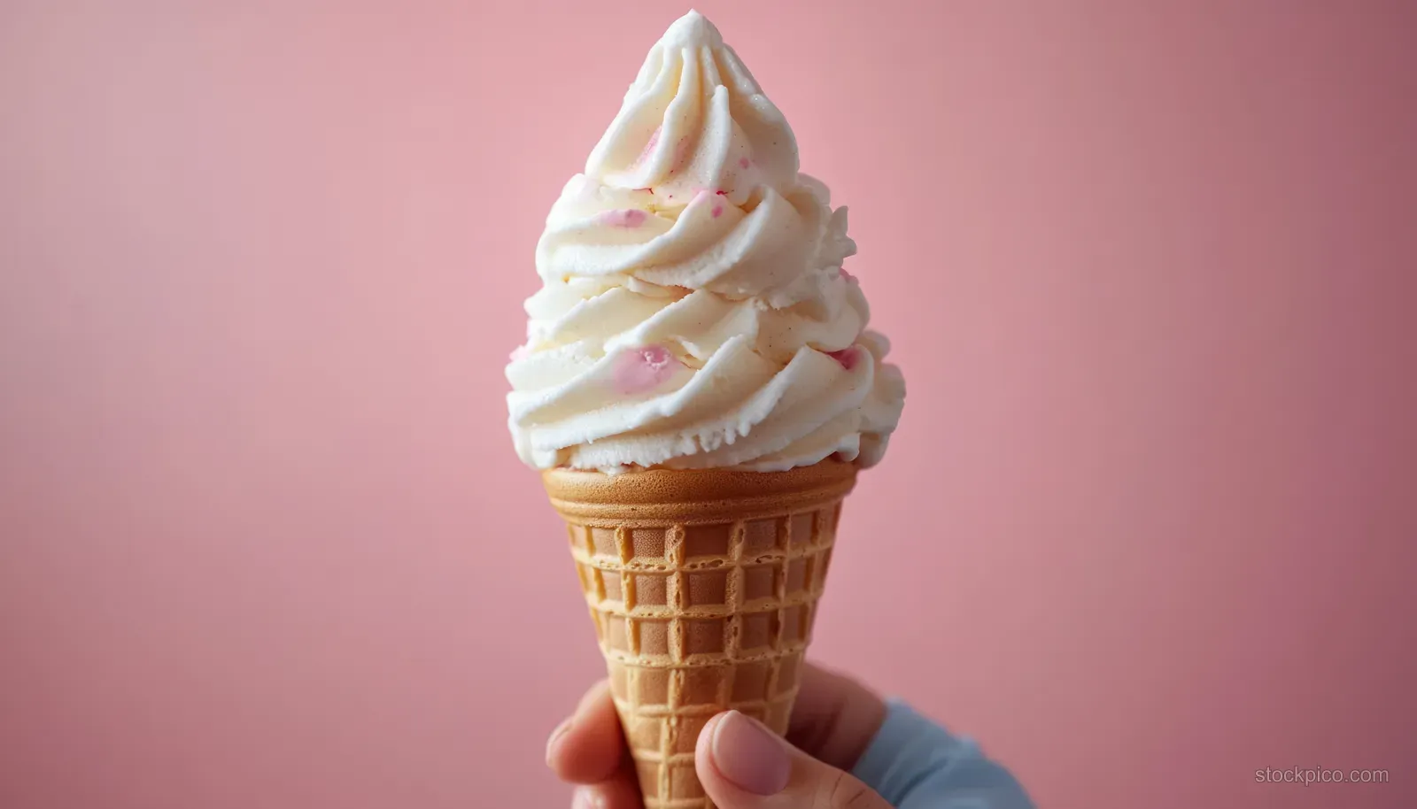 A hand holds a light pink soft serve ice cream cone with creamy swirls against a pastel pink background.