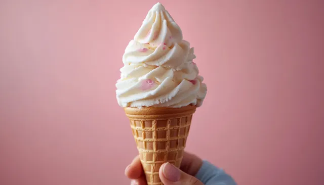 A hand holds a light pink soft serve ice cream cone with creamy swirls against a pastel pink background.