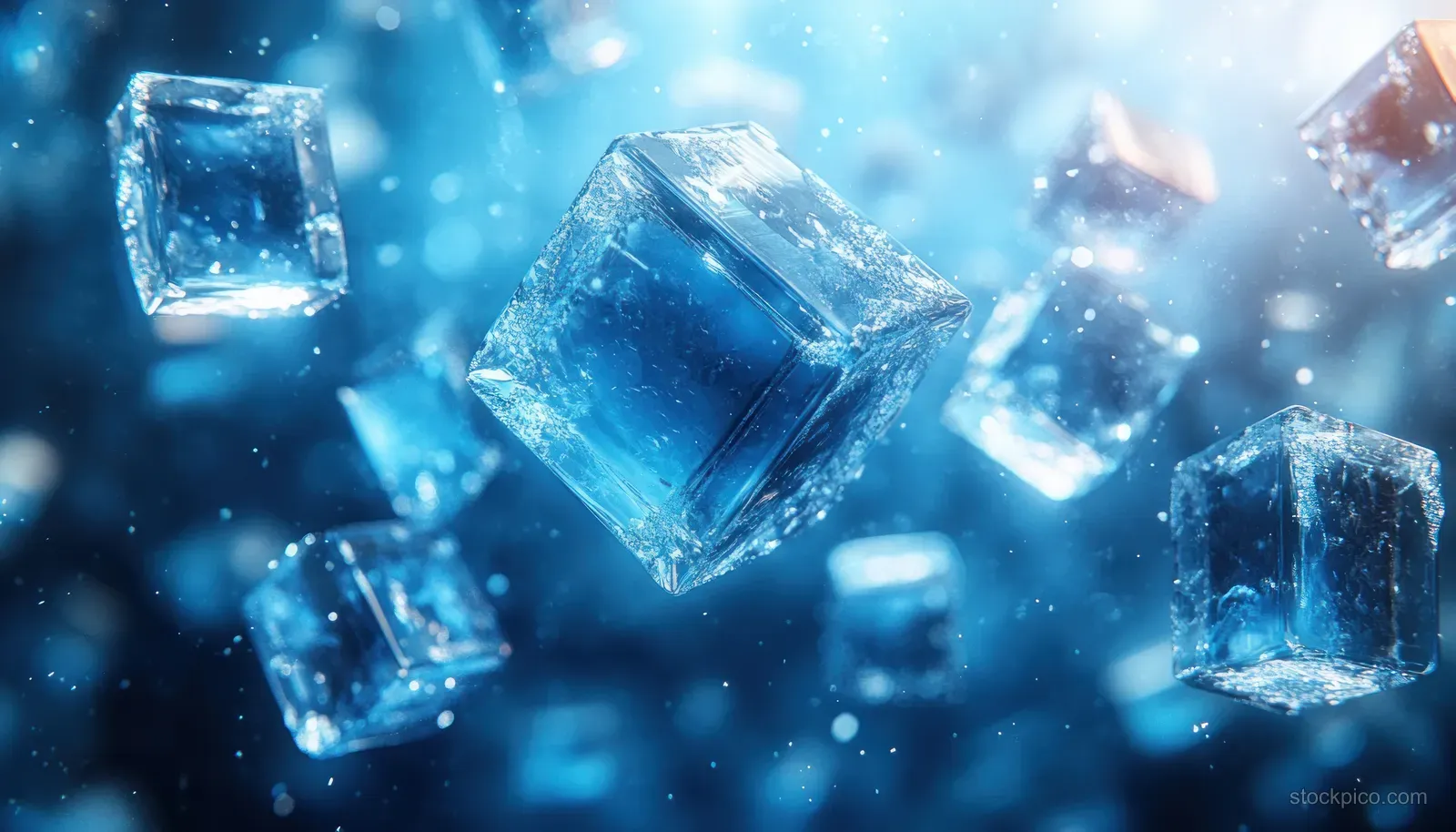 Translucent blue cubes float in a glowing haze with sparkling particles and blurred light behind them.
