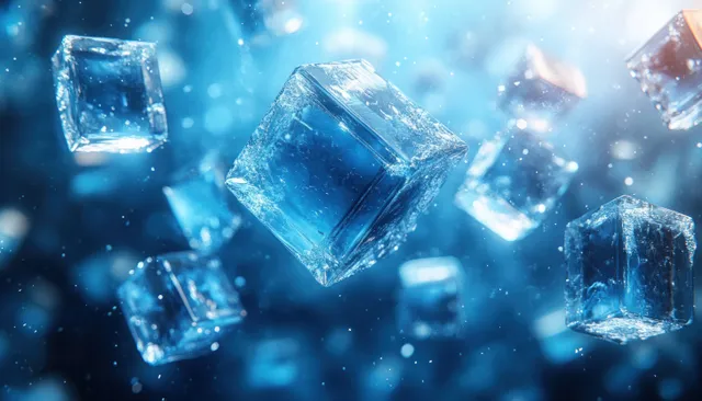 Vibrant blue crystalline cube abstract floating in soft glowing bokeh haze