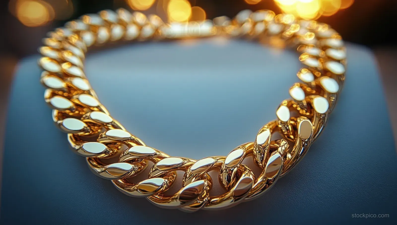 Gold chain necklace draped on blue velvet, reflecting light with bright highlights and soft bokeh.