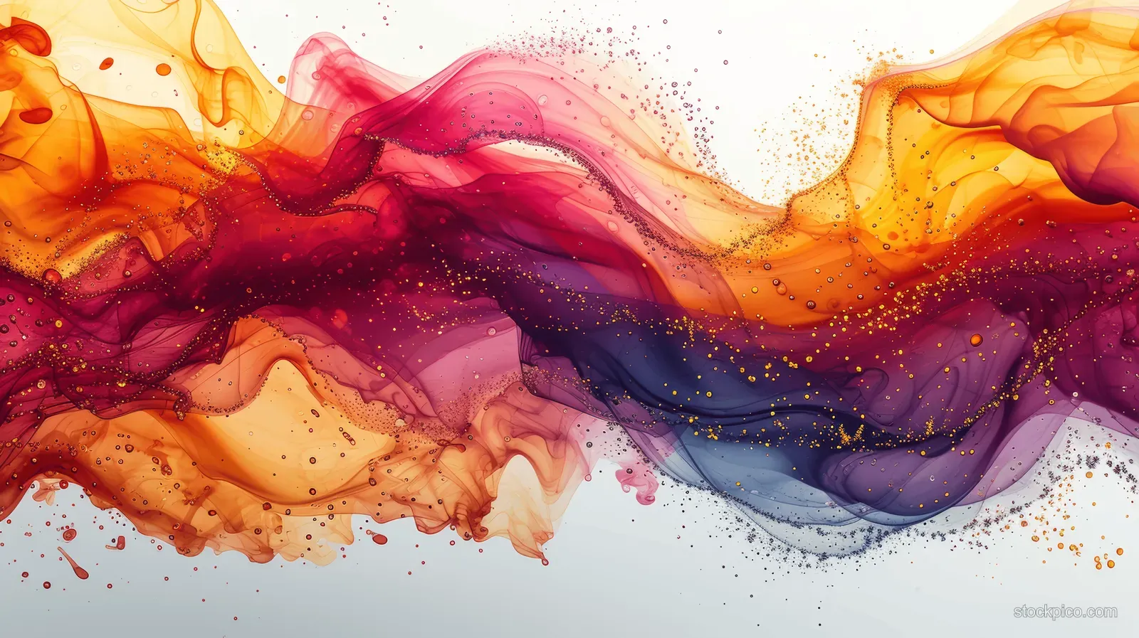 Abstract red and gold watercolor waves with ink splashes and glitter-like specks on a white background.