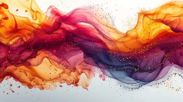 Red and gold Japanese-style watercolor waves with ink splashes and glitter-like highlights