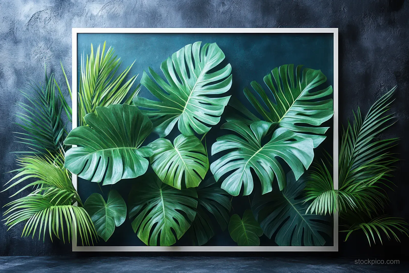 Green tropical palm and monstera leaves illustrated inside a white frame on a black background.
