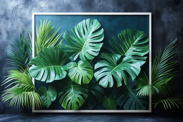Hojas verdes tropicales de palmera y monstera ilustradas dentro de un marco blanco sobre un fondo negro.