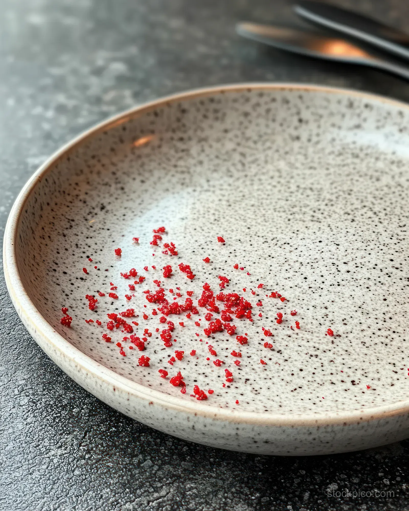 An empty speckled bowl on a dark stone counter with scattered red crumbs under soft lighting.