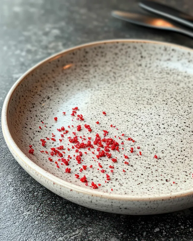 Empty speckled bowl with red crumbs on stone countertop, minimalist still life lighting