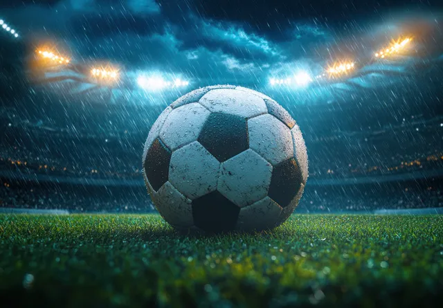 Rainy stadium scene with a soccer ball on the field illuminated by floodlights.