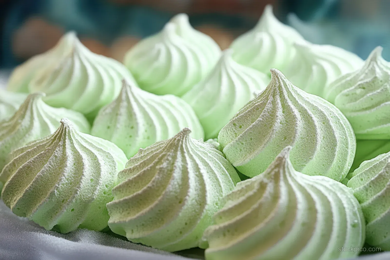 Light green pistachio meringue cookies with swirled peaks arranged closely on a baking tray.