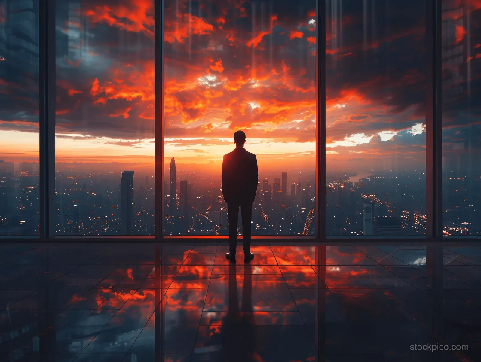 Silhouetted person stands by window overlooking city skyline as red and orange sunset clouds fill the sky.