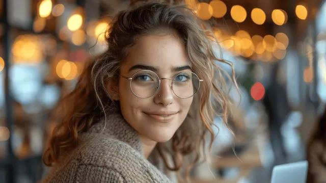 Smiling woman with glasses working on a laptop in a softly lit cafe
