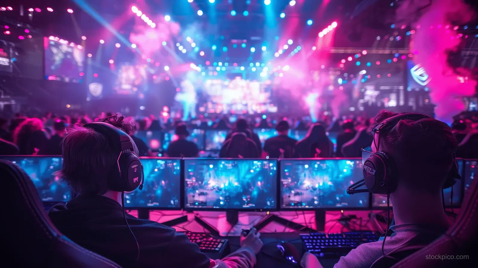 Two esports players wearing headsets play at computers as a cheering crowd and neon lights fill the arena.