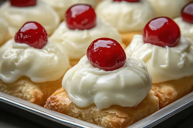 Mini cassata pastries with white icing and red candied cherries arranged on a metal tray.