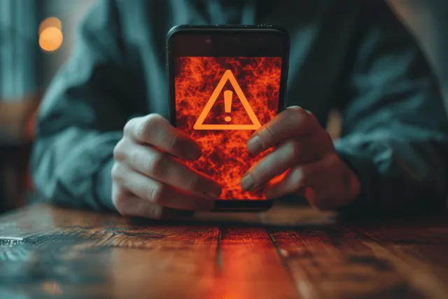 A businessman holds a smartphone displaying a glowing caution triangle warning at a desk.