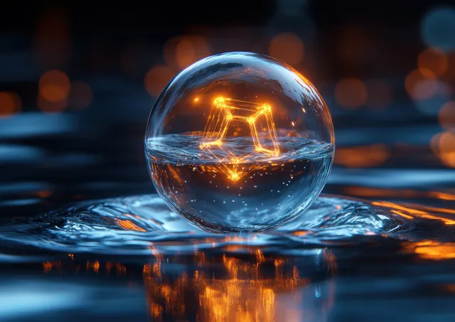 Water molecule capsule floating in reflective droplet with glowing hexagonal molecular pattern