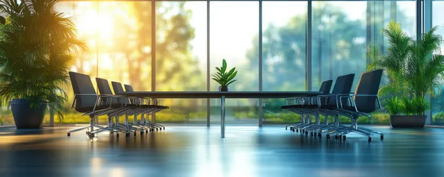 Sleek conference table and black chairs arranged in a bright minimal meeting room with large windows.