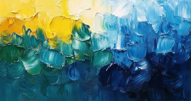 Abstract Expressionist painting with blue, yellow, and green swirling brush strokes