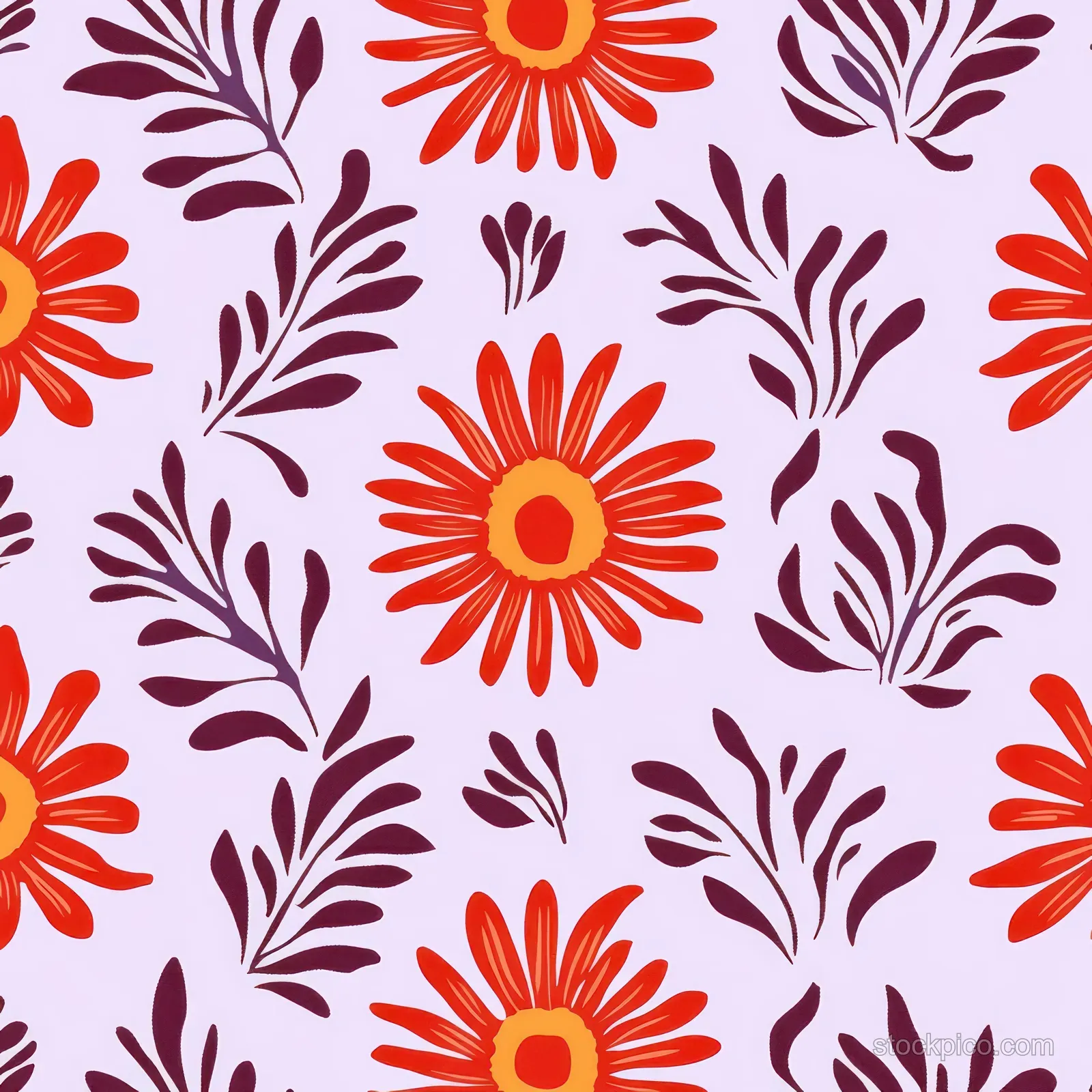 Seamless repeating floral pattern of orange and red daisies with yellow centers and purple leaves on lavender.