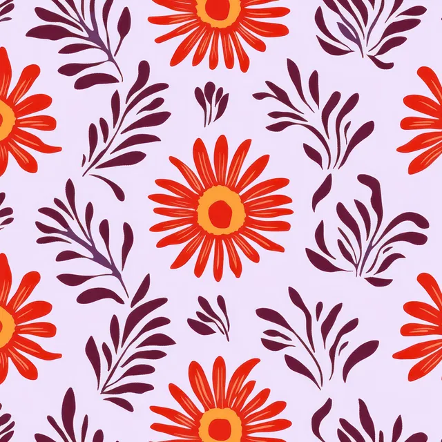 Seamless floral pattern with orange and red daisies, purple leaves on lavender background