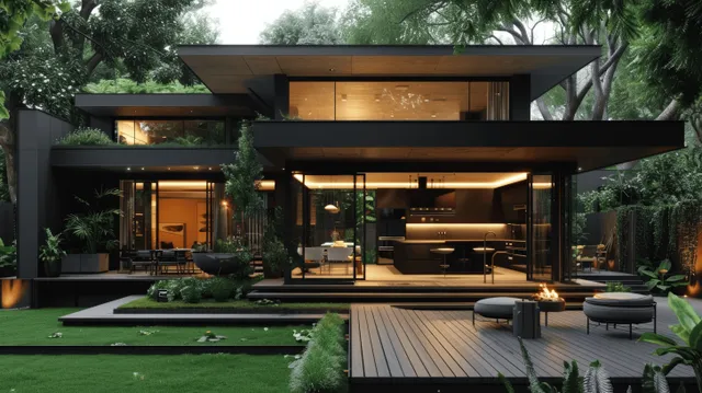 Modern black minimalist house showcasing open kitchen dining and warm outdoor deck lights