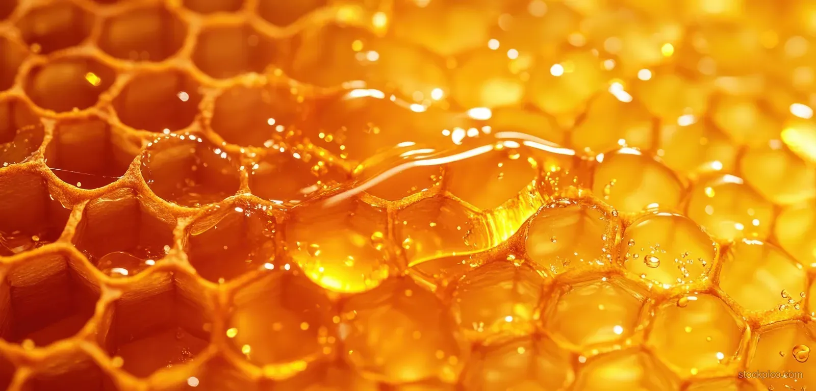 Macro honeycomb cells filled with glossy honey droplets under warm golden light.