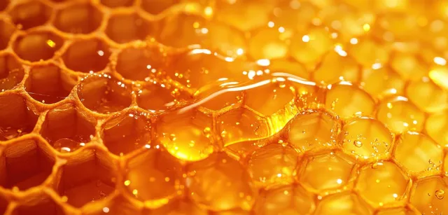 Macro honeycomb cells filled with glossy honey droplets under warm golden light.