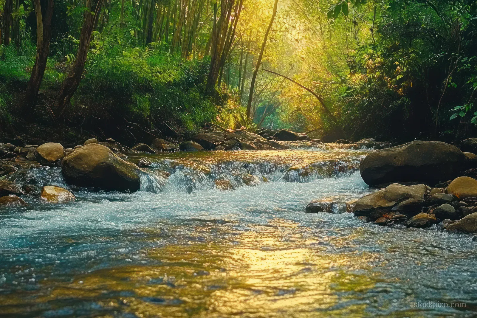 Sunlit river flows between moss-covered rocks through a dense green forest with sunlight beams.