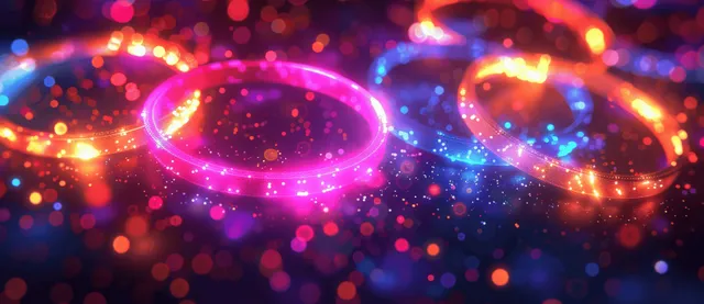 Glowing neon rings float over colorful bokeh lights in an abstract dark background.