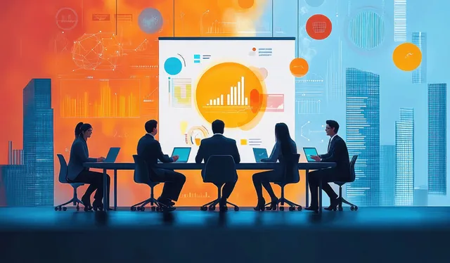 Executives sit around a boardroom table discussing strategy with glowing charts on a large screen.
