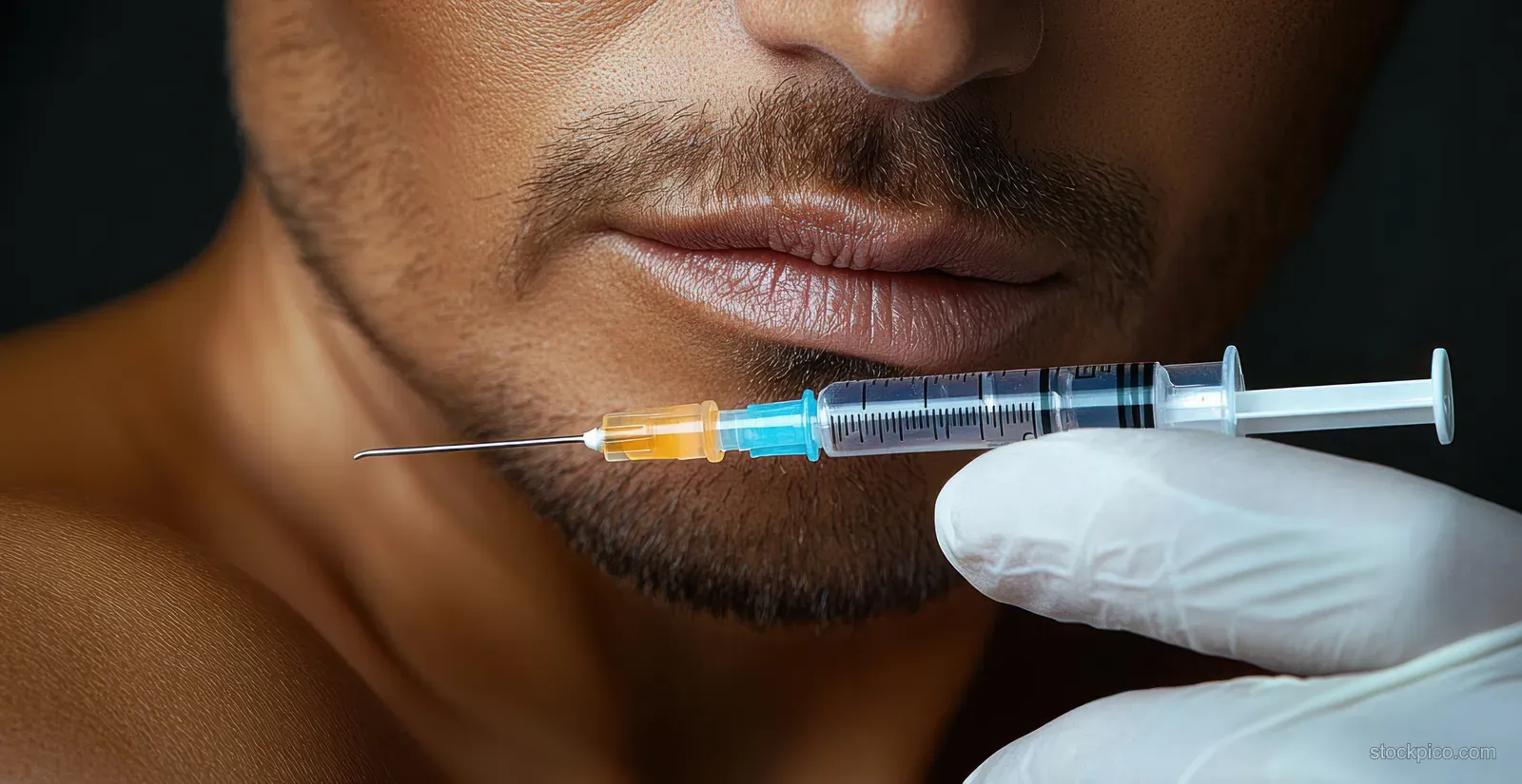 A gloved hand holds a syringe beside a stubbled man’s lips in a clinical close-up.