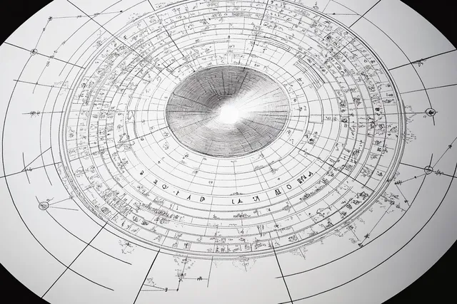 Top-down circular technical drawing with concentric rings, radial lines, and dense measurement annotations