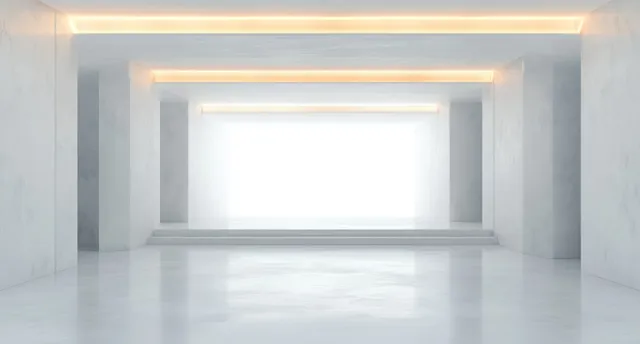 Empty minimal corridor with polished white marble floor, rectangular columns, and warm strip lights toward a bright doorway.