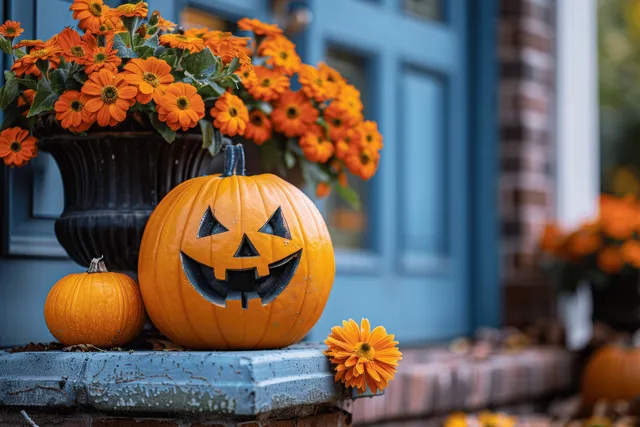 Carved jack-o-lantern and pumpkins sit on sunny front porch steps next to orange flowers.