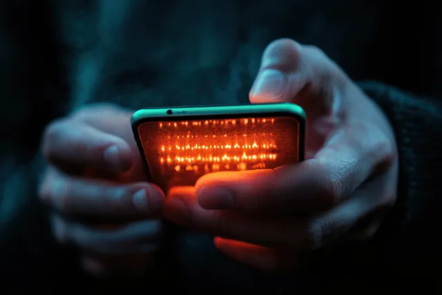 Hand holding smartphone with glowing login screen, padlock security and encrypted keypad