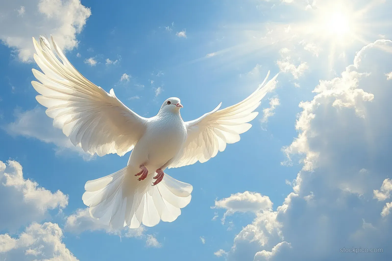 A white dove flies with wings spread against a blue sky and soft clouds.