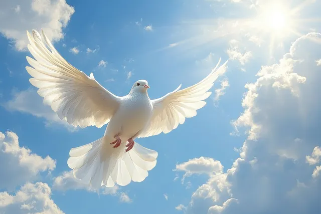 A white dove flies with wings spread against a blue sky and soft clouds.