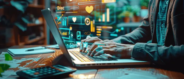 Man working on a laptop with financial charts and social media icons floating on the screen.