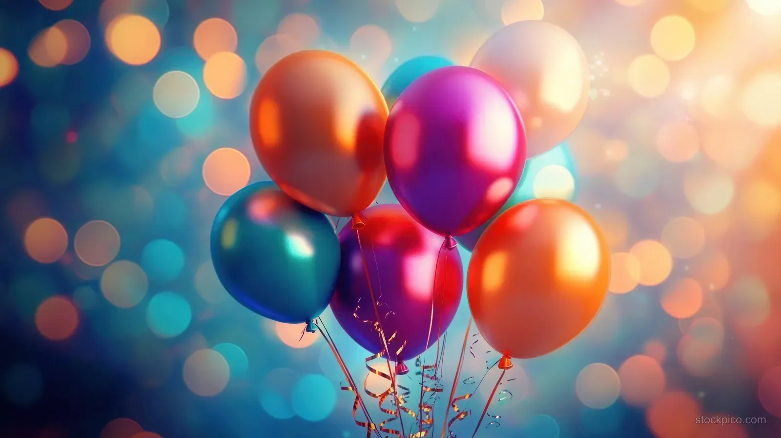 Colorful glossy balloons with curled ribbons float above a warm blurred bokeh party light background.