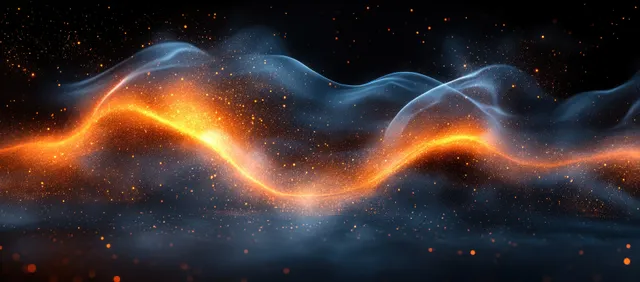 Glowing wavy neon particle lines ripple across a dark background like an electric wave in space.