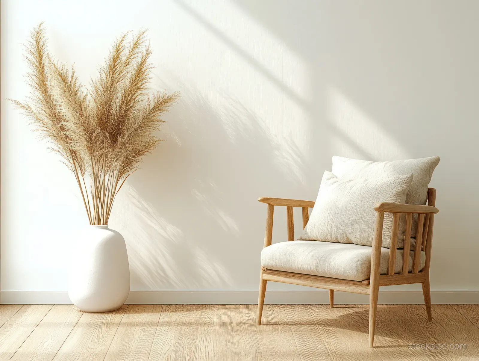 Wooden armchair with cream cushion next to a white ceramic vase filled with pampas grass in a warm white room.