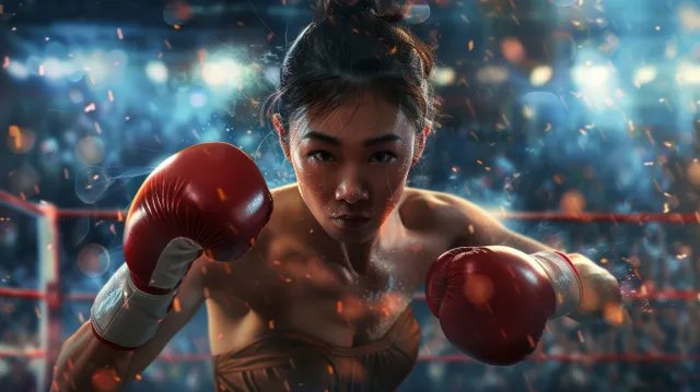 A Chinese female boxer in red gloves throws punches in a championship ring while the crowd blurs in the background.