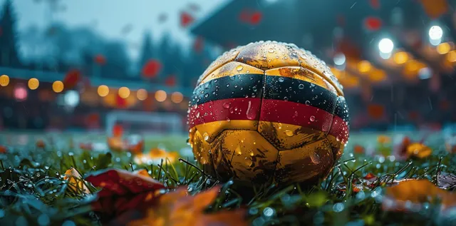 A close-up of a football in German colors on vibrant grass, with blurred fans and lights in the background.