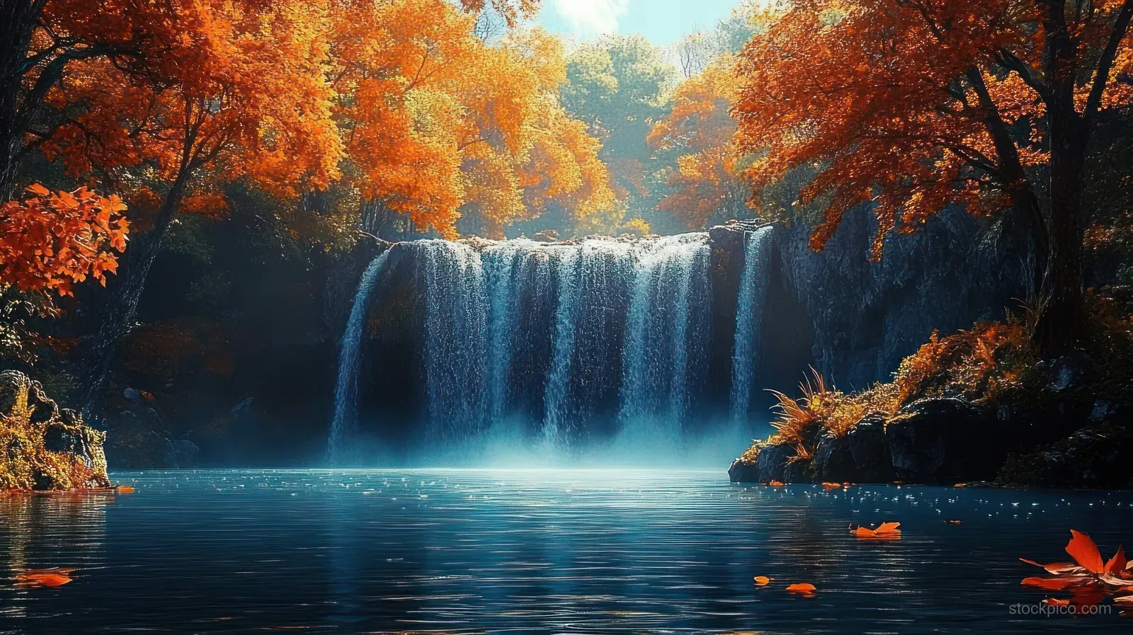 An autumn waterfall cascades into a calm lake, surrounded by orange and yellow trees and scattered leaves.